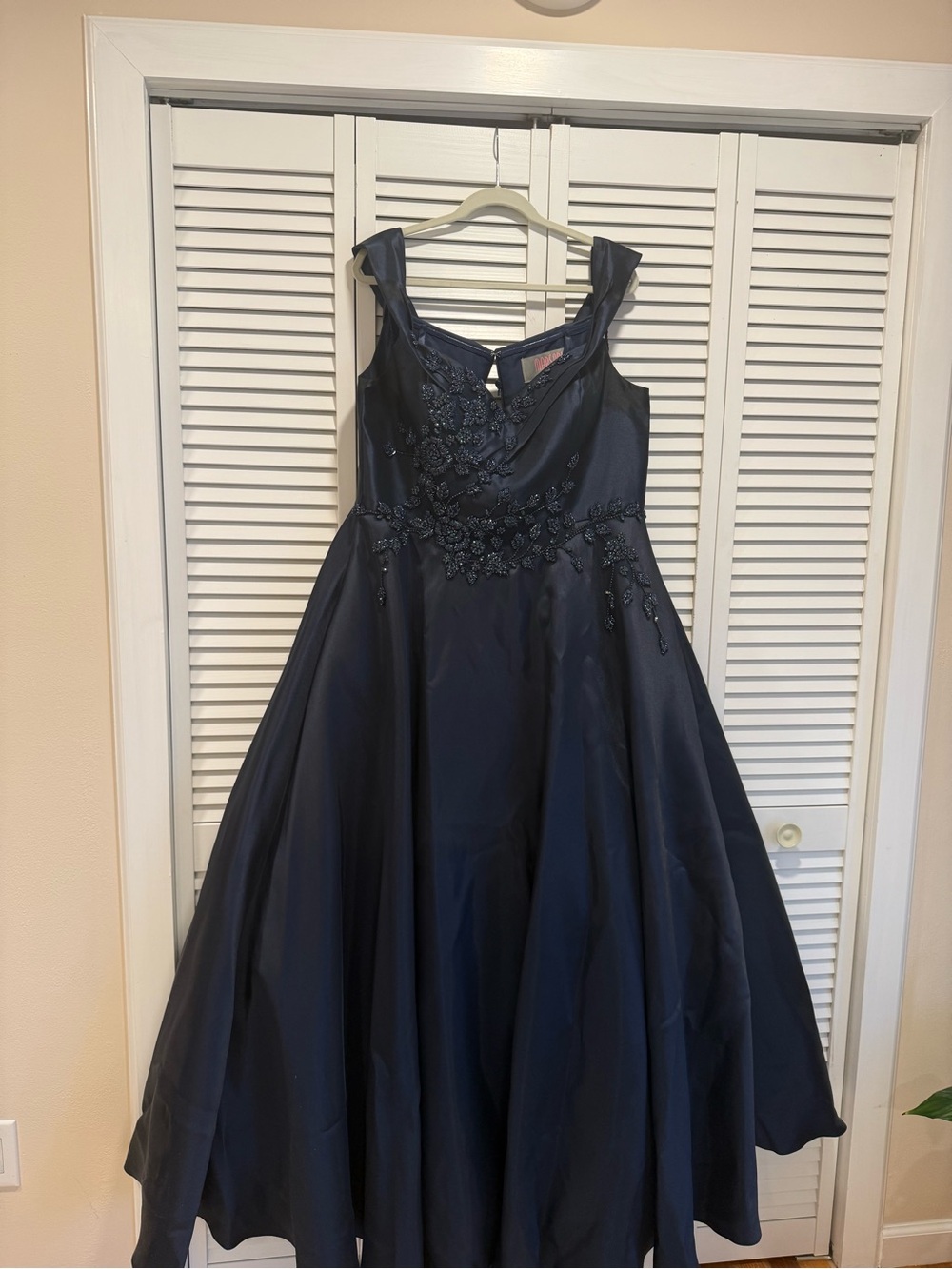Marsoni Off-Shoulder Navy Embroidered Ball Gown Dress